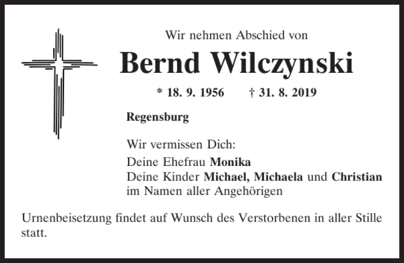  Traueranzeige für Bernd Wilczynski vom 04.09.2019 aus Mittelbayerische Zeitung Regensburg