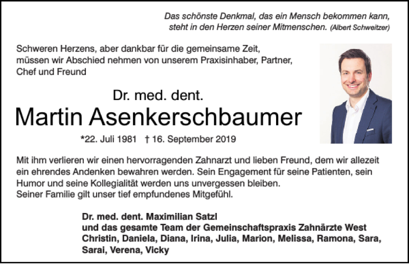 Traueranzeige für Dr. med. dent. Martin Asenkerschbaumer vom 28.09.2019 aus Mittelbayerische Zeitung Regensburg