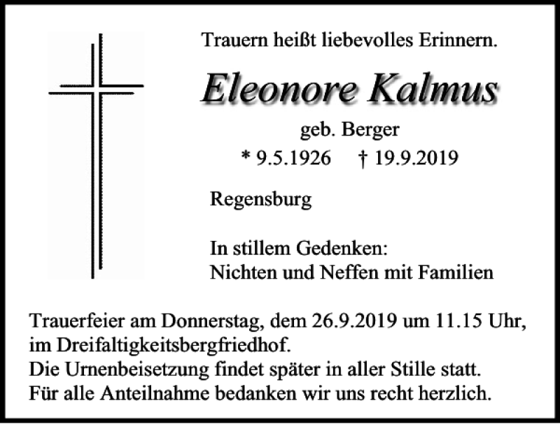  Traueranzeige für Eleonore Kalmus vom 21.09.2019 aus Mittelbayerische Zeitung Regensburg