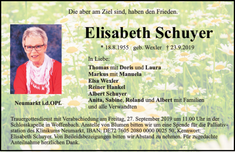  Traueranzeige für Elisabeth Schuyer vom 25.09.2019 aus Neumarkter Tagblatt