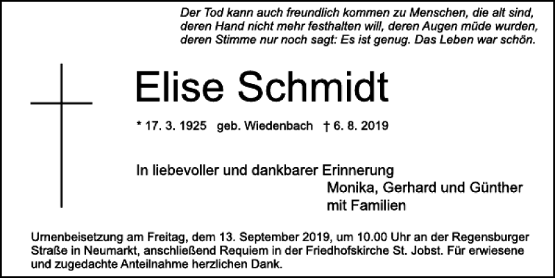  Traueranzeige für Elise Schmidt vom 07.09.2019 aus Neumarkter Tagblatt