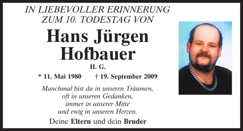  Traueranzeige für Hans-Jürgen Hofbauer vom 19.09.2019 aus Bayerwald Echo