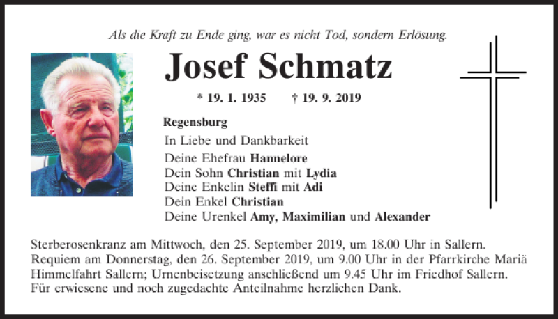  Traueranzeige für Josef Schmatz vom 21.09.2019 aus Mittelbayerische Zeitung Regensburg