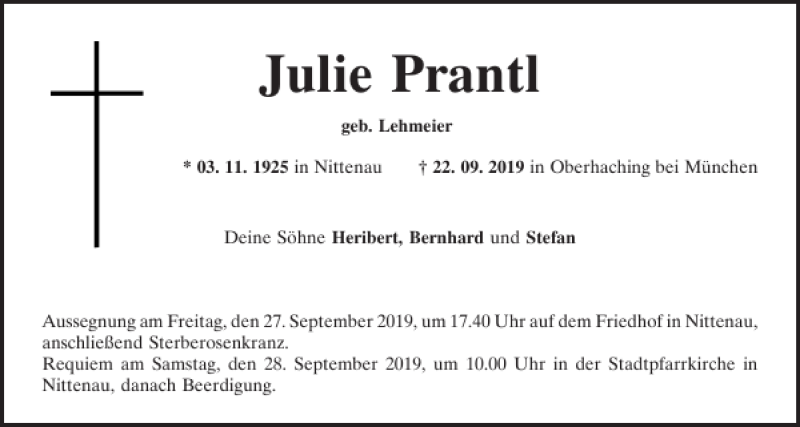 Traueranzeige für Juliane Prantl vom 26.09.2019 aus Mittelbayerische Zeitung Regensburg