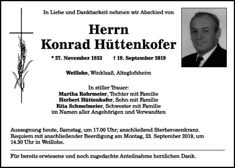  Traueranzeige für Konrad Hüttenkofer vom 21.09.2019 aus Mittelbayerische Zeitung Regensburg