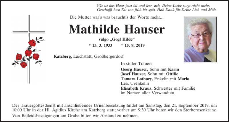  Traueranzeige für Mathilde Hauser vom 19.09.2019 aus Bayerwald Echo