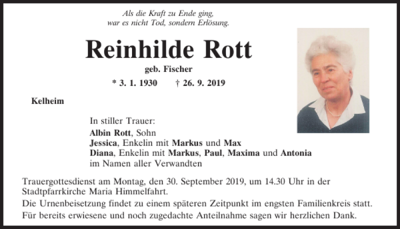  Traueranzeige für Reinhilde Rott vom 28.09.2019 aus Mittelbayerische Zeitung Kelheim