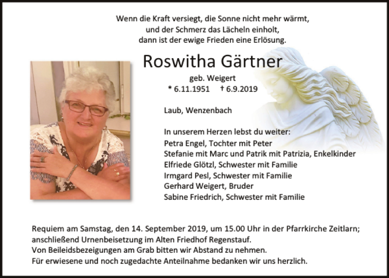  Traueranzeige für Roswitha Gärtner vom 11.09.2019 aus Mittelbayerische Zeitung Regensburg