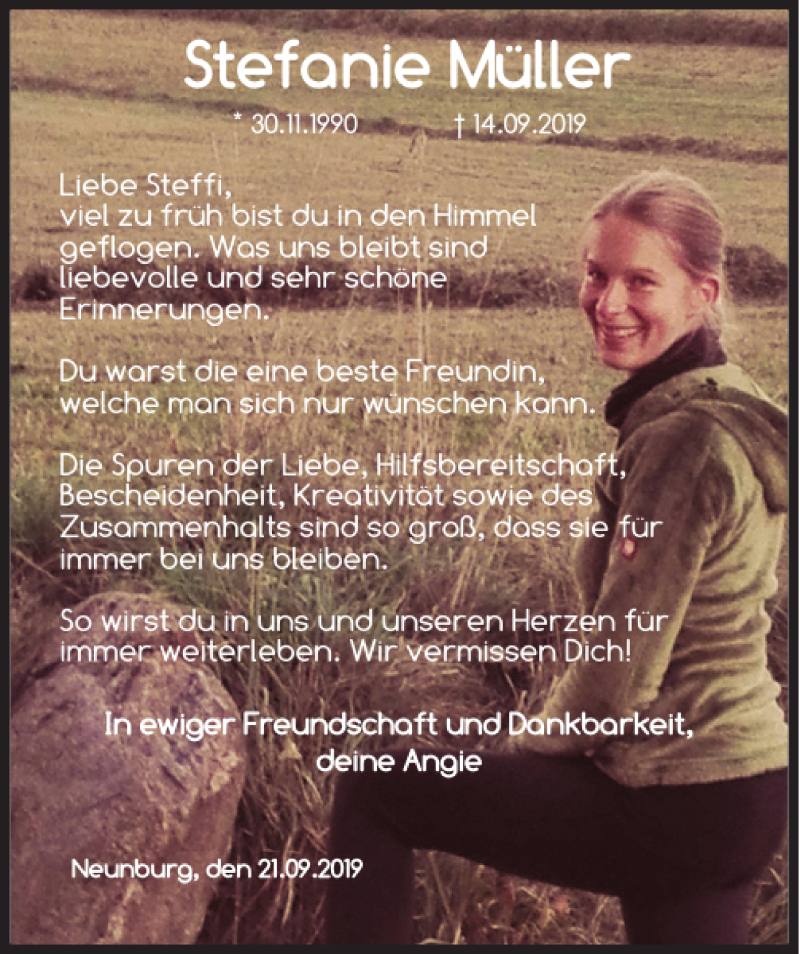 Traueranzeige für Stefanie Müller vom 21.09.2019 aus Bayerwald Echo