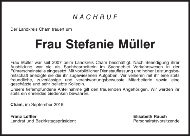  Traueranzeige für Stefanie Müller vom 18.09.2019 aus Bayerwald Echo