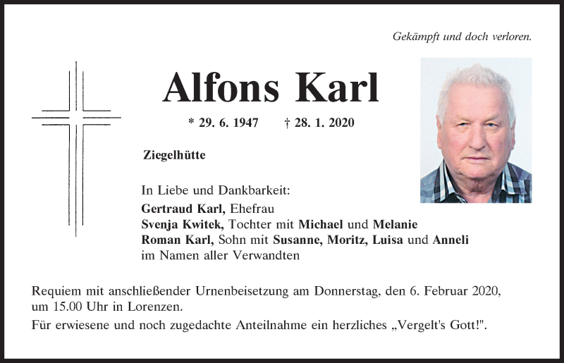  Traueranzeige für Alfons Karl vom 01.02.2020 aus Mittelbayerische Zeitung Regensburg