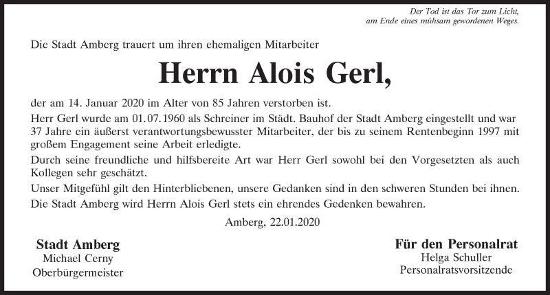  Traueranzeige für Alois Gerl vom 22.01.2020 aus Mittelbayerische Zeitung Schwandorf