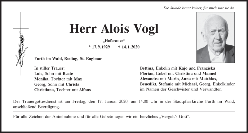  Traueranzeige für Alois Vogl vom 15.01.2020 aus Bayerwald Echo