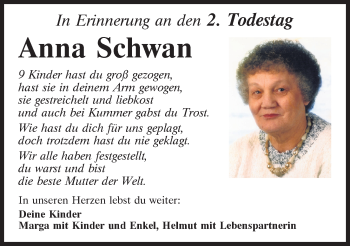 Traueranzeige von Anna Schwan von Mittelbayerische Zeitung Schwandorf