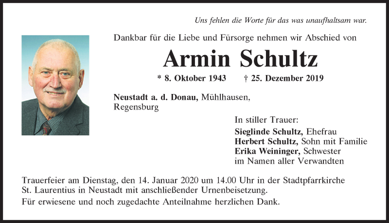  Traueranzeige für Armin Schultz vom 10.01.2020 aus Mittelbayerische Zeitung Kelheim