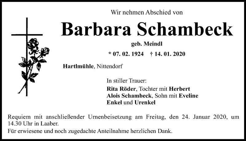  Traueranzeige für Barbara Schambeck vom 21.01.2020 aus Mittelbayerische Zeitung Regensburg