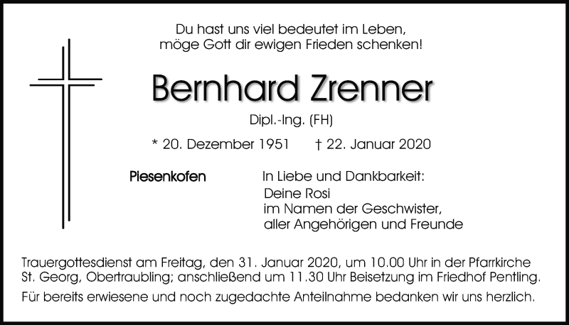  Traueranzeige für Bernhard Zrenner vom 25.01.2020 aus Mittelbayerische Zeitung Regensburg