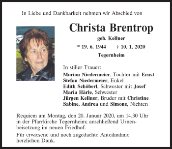 Traueranzeigen von Christa Brentrop | Mittelbayerische Trauer