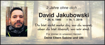 Traueranzeige von David Jakubowski von Mittelbayerische Zeitung Kelheim