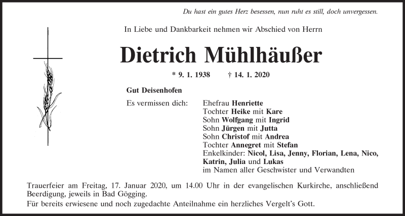  Traueranzeige für Dietrich Mühlhäußer vom 16.01.2020 aus Mittelbayerische Zeitung Kelheim