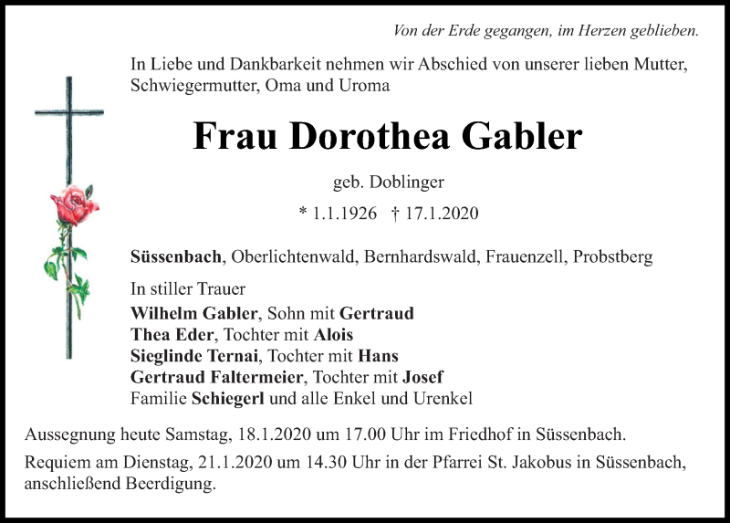  Traueranzeige für Dorothea Gabler vom 18.01.2020 aus Mittelbayerische Zeitung Regensburg