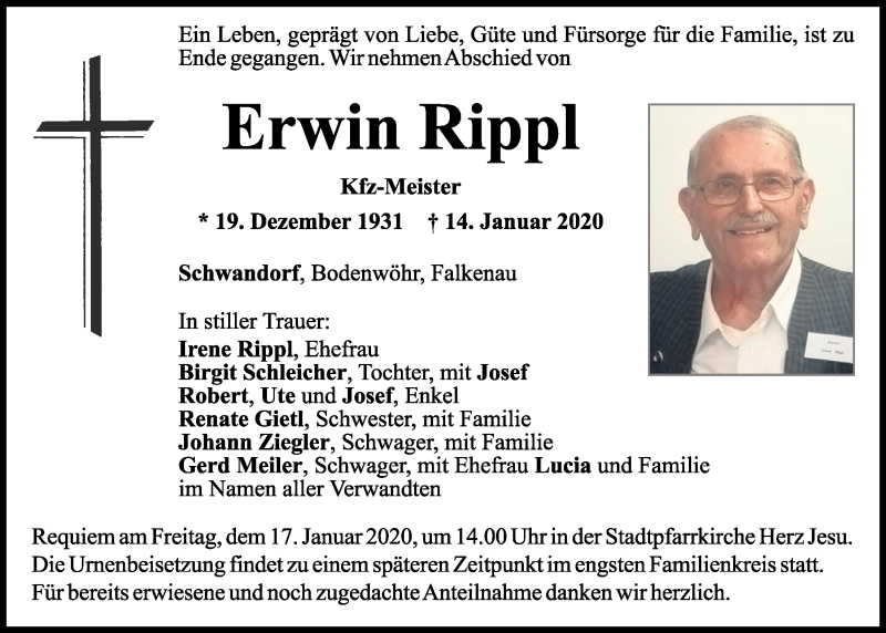  Traueranzeige für Erwin Rippl vom 16.01.2020 aus Mittelbayerische Zeitung Schwandorf