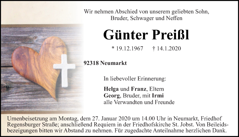  Traueranzeige für Günter Preißl vom 24.01.2020 aus Neumarkter Tagblatt
