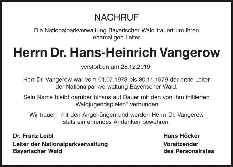  Traueranzeige für Hans-Heinrich Vangerow vom 09.01.2020 aus Mittelbayerische Zeitung Regensburg