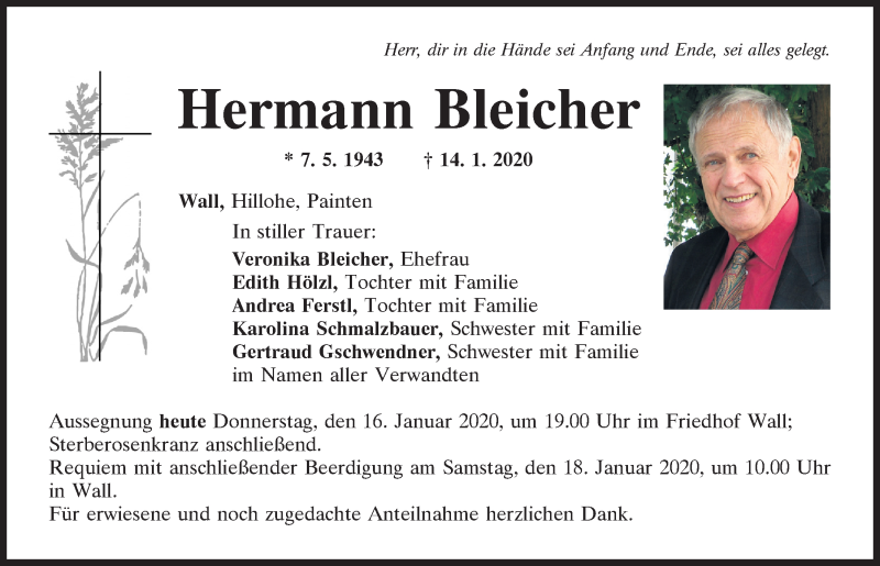  Traueranzeige für Hermann Bleicher vom 16.01.2020 aus Mittelbayerische Zeitung Regensburg