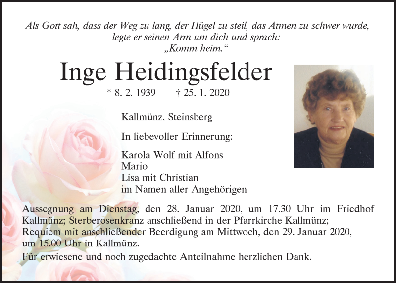  Traueranzeige für Inge Heidingsfelder vom 27.01.2020 aus Mittelbayerische Zeitung Regensburg