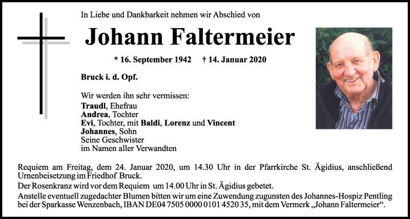  Traueranzeige für Johann Faltermeier vom 21.01.2020 aus Mittelbayerische Zeitung Schwandorf