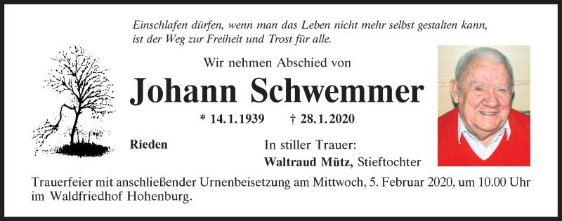  Traueranzeige für Johann Schwemmer vom 01.02.2020 aus Mittelbayerische Zeitung Schwandorf
