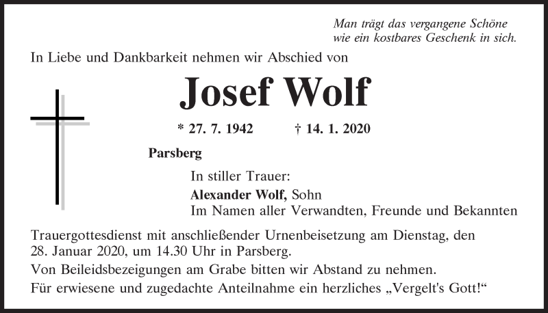  Traueranzeige für Josef Wolf vom 25.01.2020 aus Neumarkter Tagblatt