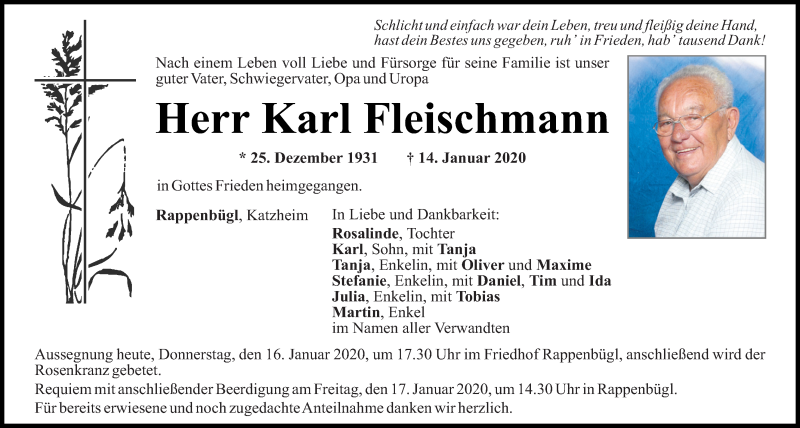  Traueranzeige für Karl Fleischmann vom 16.01.2020 aus Mittelbayerische Zeitung Schwandorf