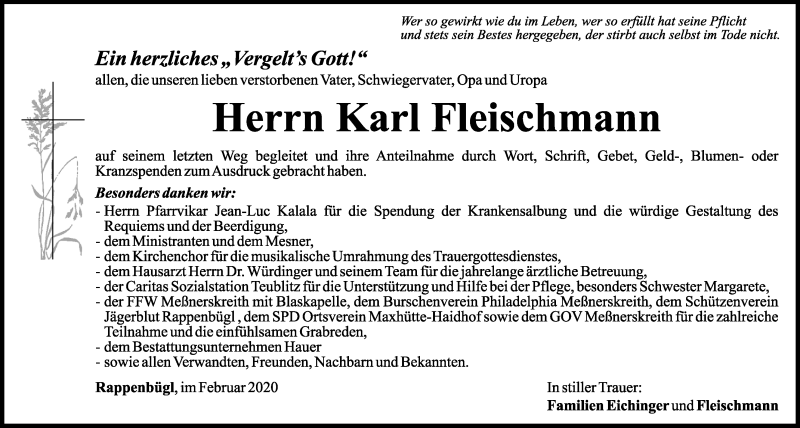  Traueranzeige für Karl Fleischmann vom 01.02.2020 aus Mittelbayerische Zeitung Schwandorf