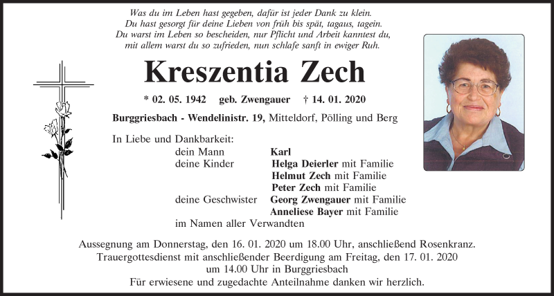  Traueranzeige für Kreszentia Zech vom 15.01.2020 aus Neumarkter Tagblatt