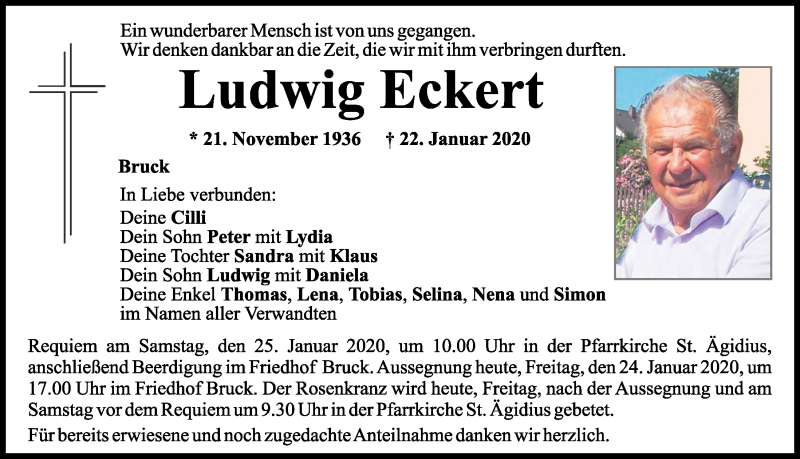  Traueranzeige für Ludwig Eckert vom 24.01.2020 aus Mittelbayerische Zeitung Regensburg