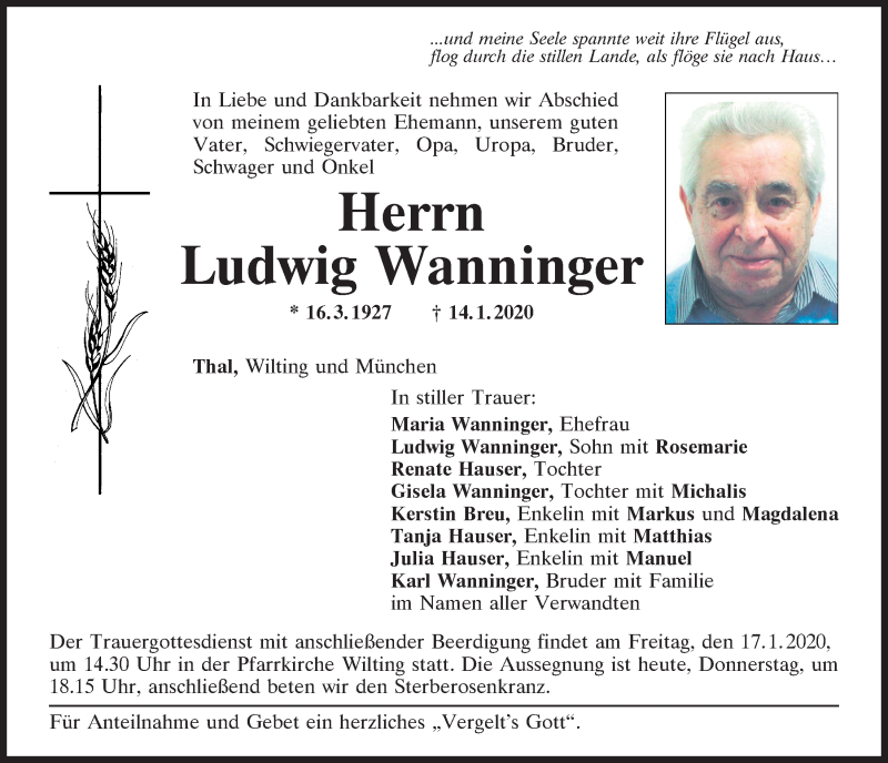  Traueranzeige für Ludwig Wanninger vom 16.01.2020 aus Bayerwald Echo