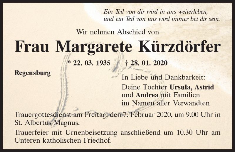  Traueranzeige für Margarete Kürzdörfer vom 01.02.2020 aus Mittelbayerische Zeitung Regensburg