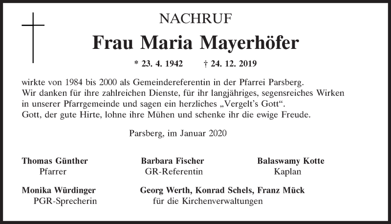  Traueranzeige für Maria Mayerhöfer vom 13.01.2020 aus Neumarkter Tagblatt