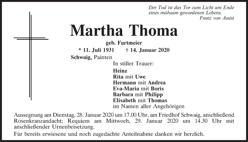  Traueranzeige für Martha Thoma vom 27.01.2020 aus Mittelbayerische Zeitung Kelheim