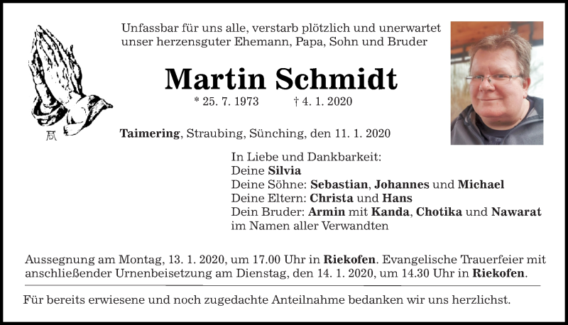  Traueranzeige für Martin Schmidt vom 11.01.2020 aus Mittelbayerische Zeitung Regensburg