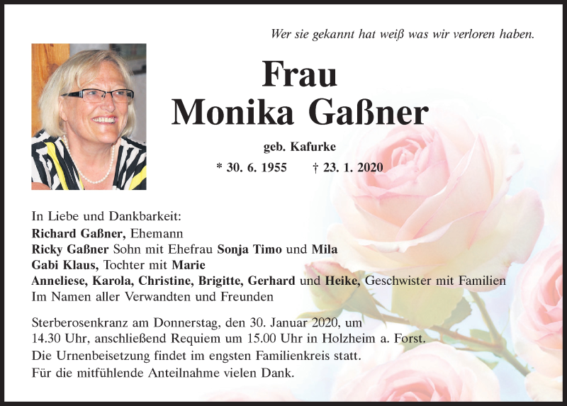  Traueranzeige für Monika Gaßner vom 27.01.2020 aus Mittelbayerische Zeitung Regensburg