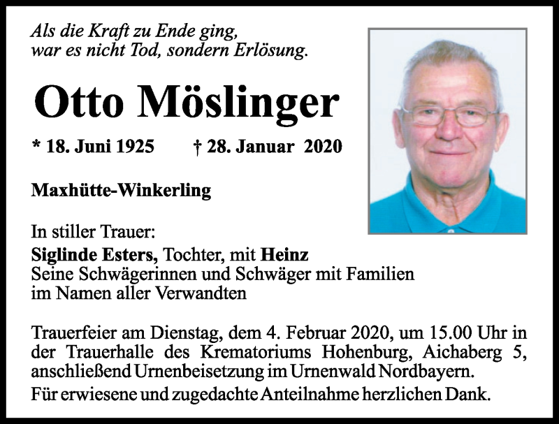  Traueranzeige für Otto Möslinger vom 01.02.2020 aus Mittelbayerische Zeitung Schwandorf