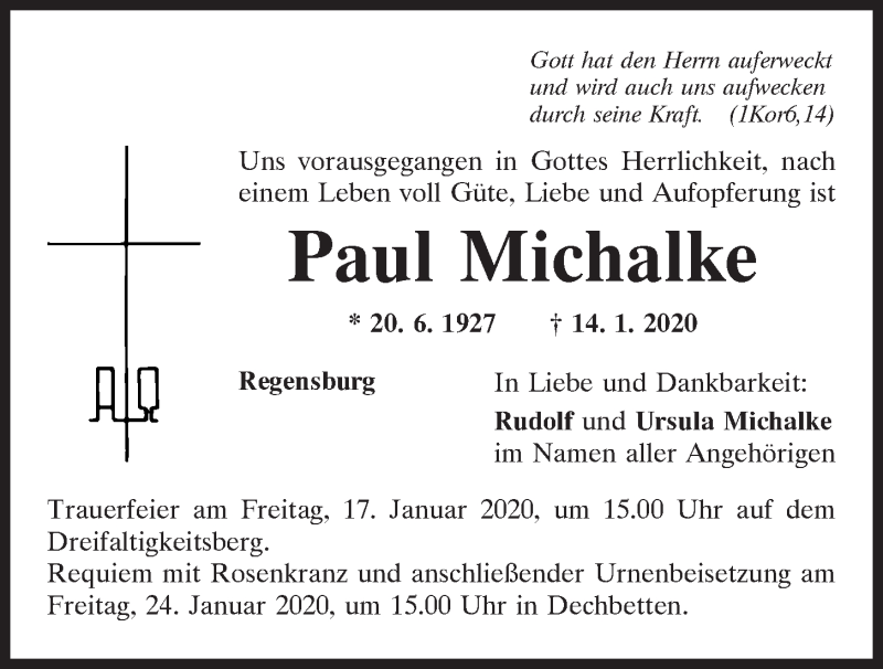  Traueranzeige für Paul Michalke vom 16.01.2020 aus Mittelbayerische Zeitung Regensburg