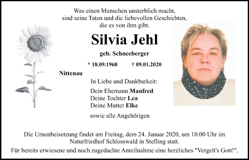  Traueranzeige für Silvia Jehl vom 22.01.2020 aus Mittelbayerische Zeitung Schwandorf