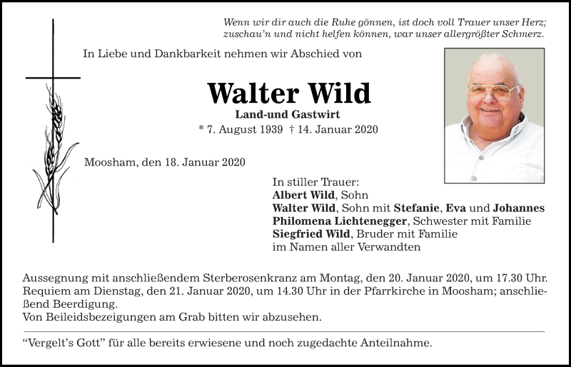  Traueranzeige für Walter Wild vom 18.01.2020 aus Mittelbayerische Zeitung Regensburg