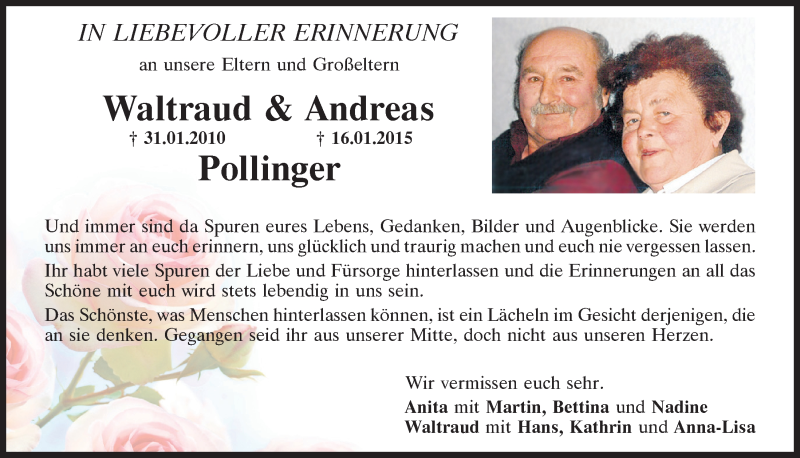  Traueranzeige für Waltraud Pollinger vom 31.01.2020 aus Mittelbayerische Zeitung Kelheim