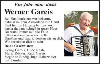 Traueranzeige von Werner Gareis von Mittelbayerische Zeitung Schwandorf