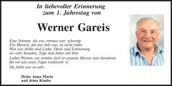 Traueranzeige von Werner Gareis von Mittelbayerische Zeitung Schwandorf